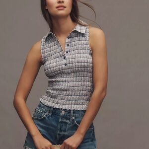 NWT PILCRO Navy & White Sleeveless Shirred Top Sz XS